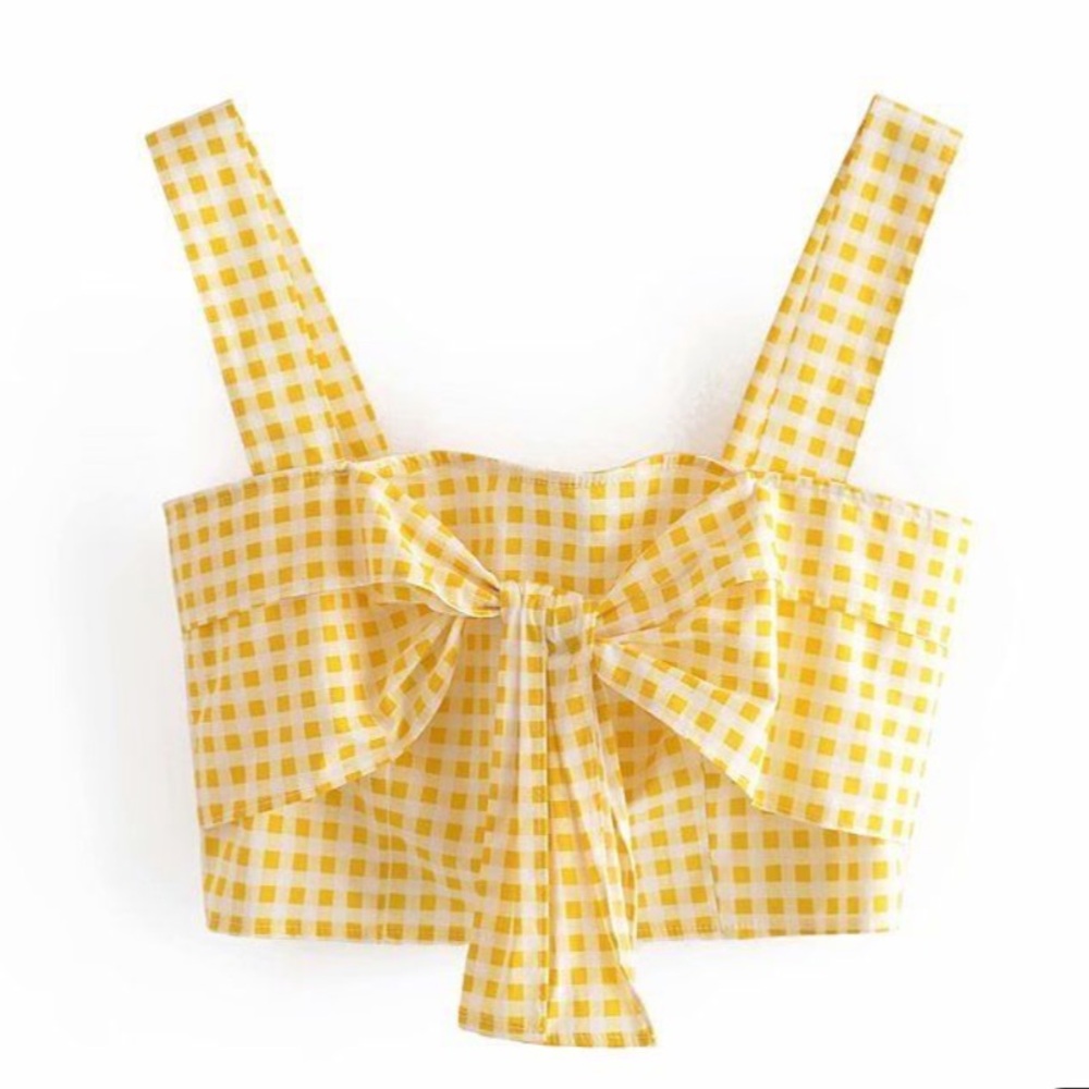 Zara Yellow Gingham Print Cropped Top with Tie/Bow Front Size Small